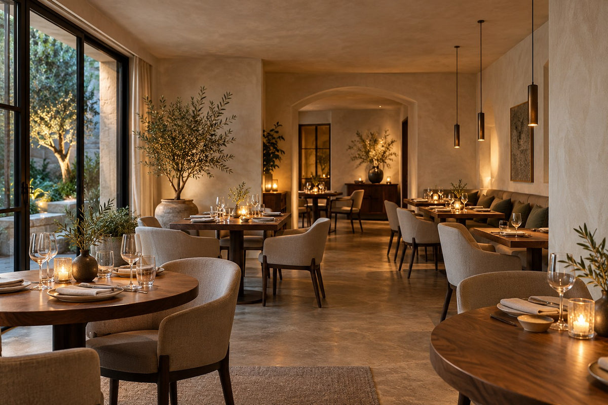 Concept de restaurant aux matériaux chaleureux et aux murs et plafonds sans rupture